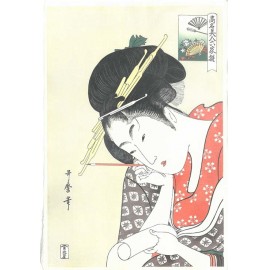 ビードロを吹く娘（ポッピンを吹く女）喜多川歌麿 芸艸堂版木版画
