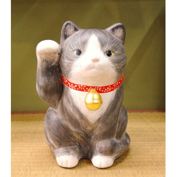 【希少・新品同様】とても大きな招き猫 左手挙げ 約34cm 陶器製 昭和レトロ 京陶人形 金彩 招き猫 大 シマ八割れ小田益作 | 小刀屋忠兵衛 | 京もの