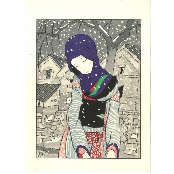 竹久夢二 木版画『雪の夜の伝説』 - 美術品